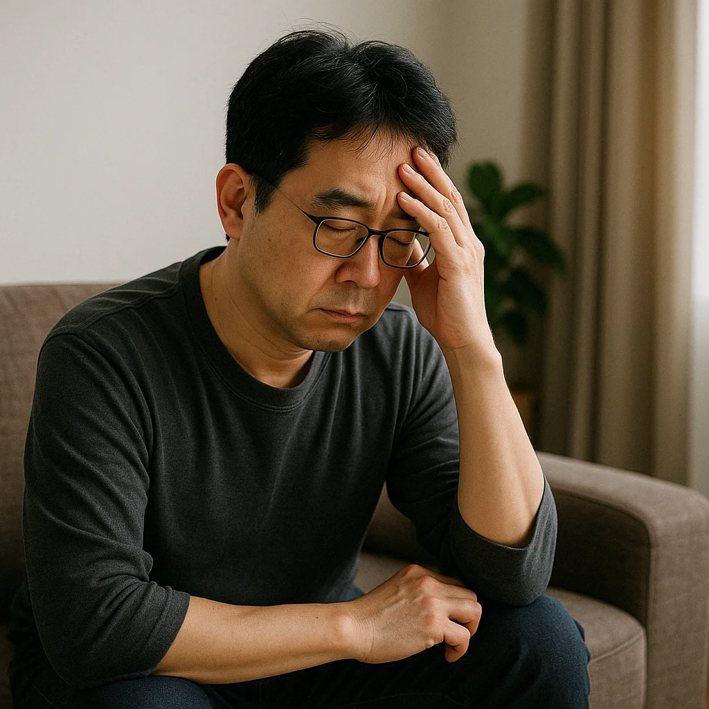 생활고로 고민하는 중년 남성이 소파에 앉아 이마를 짚고 생각에 잠긴 모습