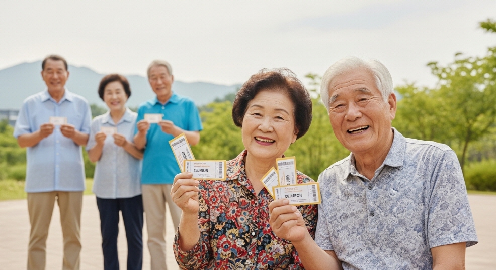 행복한 표정의 노년층이 쿠폰을 보여주는 장면