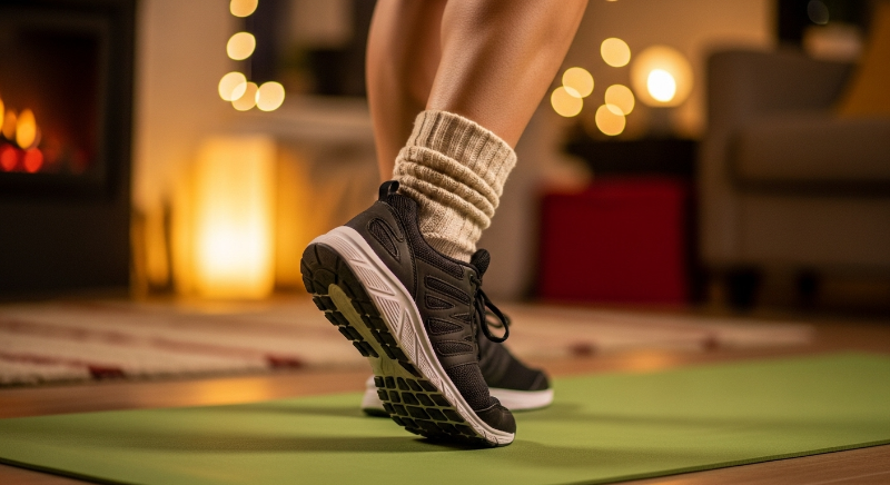 실내 운동화를 신고 요가 매트 위에서 뒤꿈치를 들어올리며 종아리 운동을 하는 모습