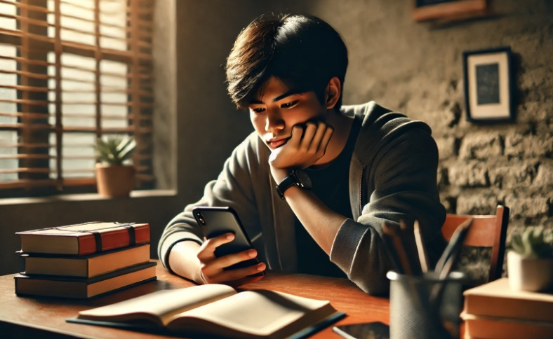 도서관에서 집중 못하며 딴짓하는 모습