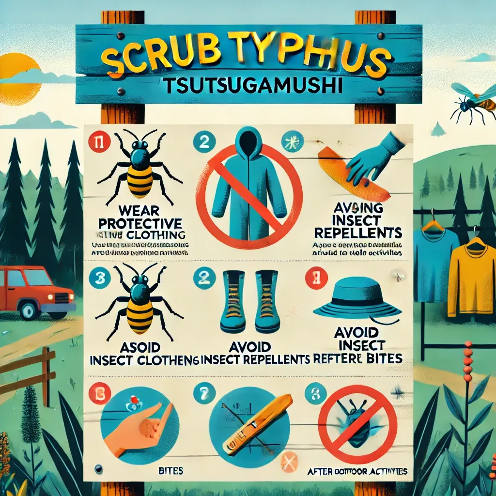 보호복 착용, 진드기 퇴치제 사용, 풀밭 회피 등의 예방 팁을 담은 교육용 포스터