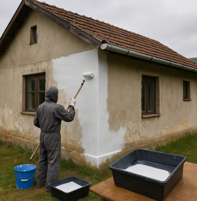 시골 단층집 외벽에 방수 페인트를 칠하는 작업자 모습, 낡은 벽을 새로 도포하며 주변에는 초록 잔디와 나무가 있는 전원 풍경