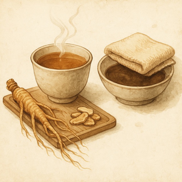 도라지차, 생강, 찜질 수건 등이 조화롭게 배치되어 전통적인 가래 제거 요법의 느낌을 담은 이미지(출처: 자체제작)