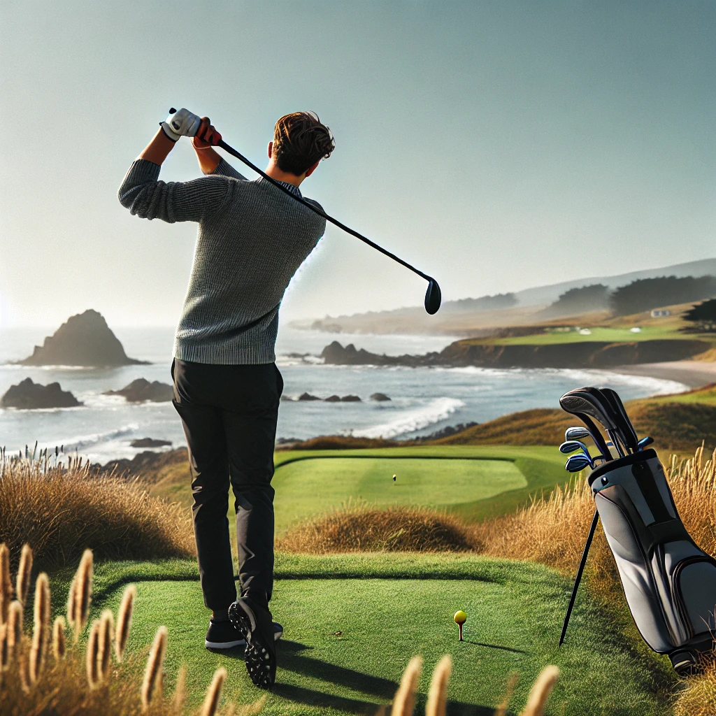 해변을 배경으로 골프를 치고 있는 모습