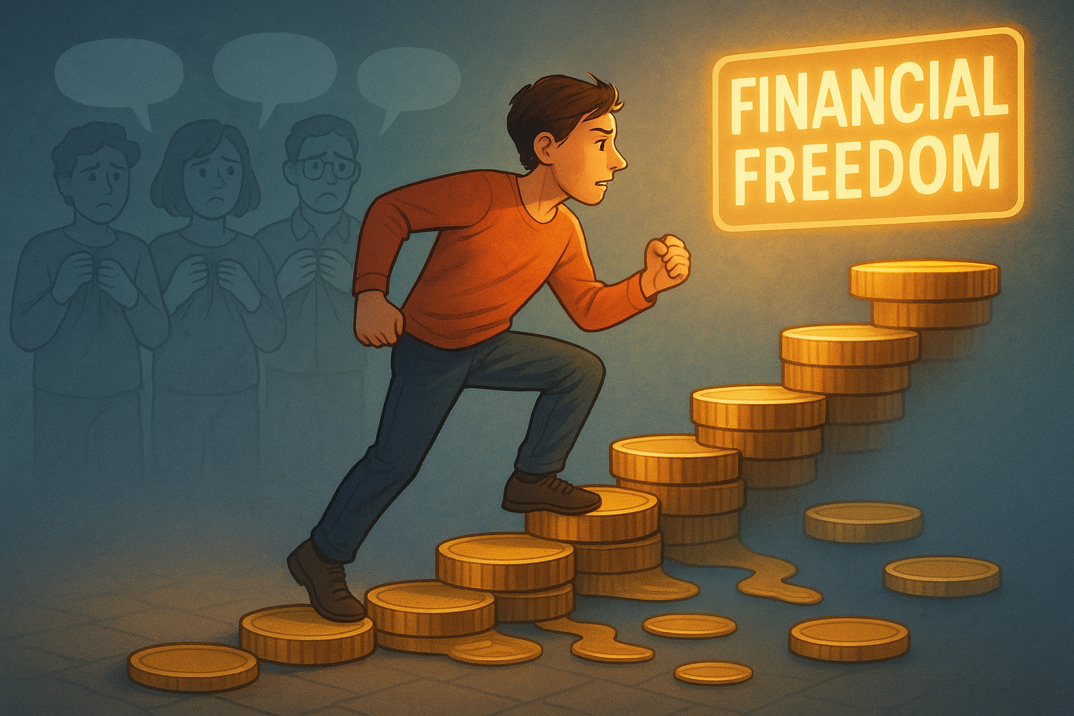 경제적 자유를 쫓는 사람과 주변 사람들 일러스트