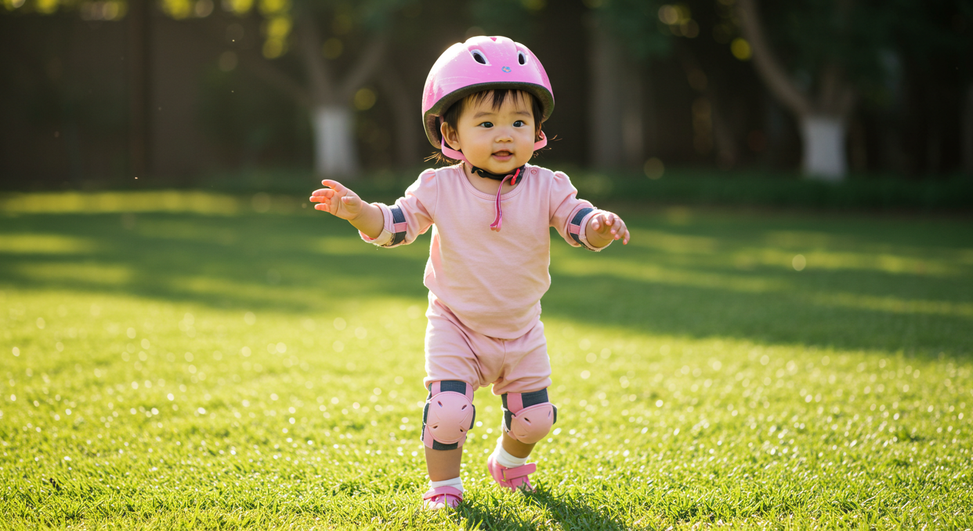 돌정도 된 아기가 잔디 위에서, 머리와 무릅에 안전장비를 끼우고 걸음마 연습을 하고 있다.