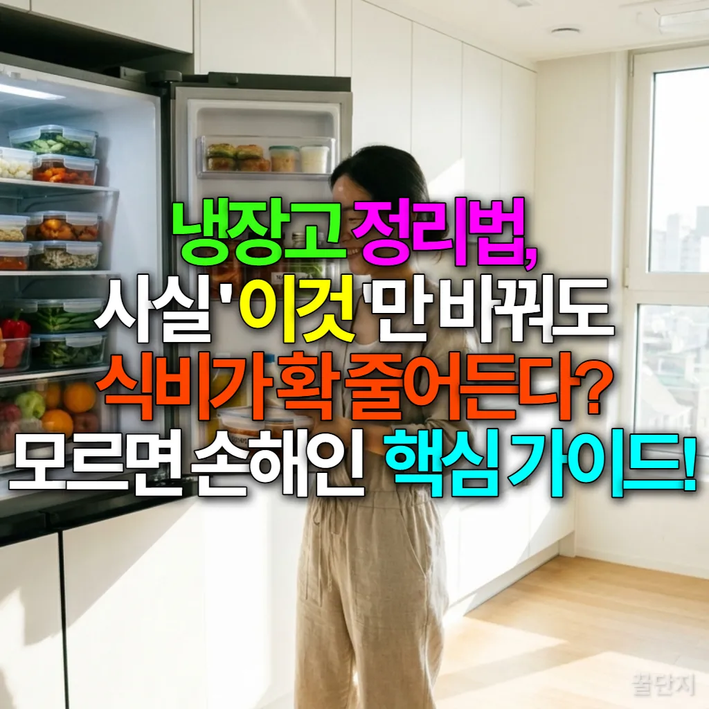 깔끔하게 정리된 냉장고 앞에서 투명 용기를 들고 미소 짓는 한국 여성