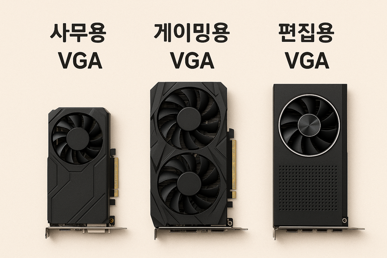 그래픽카드 용도별 비교 이미지, 사무용과 게이밍용 GPU 외형 차이