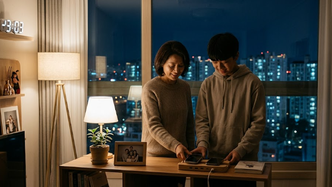 거실 야간 간접 조명 아래 엄마와 아들이 스마트폰을 충전함에 두는 평온한 모습