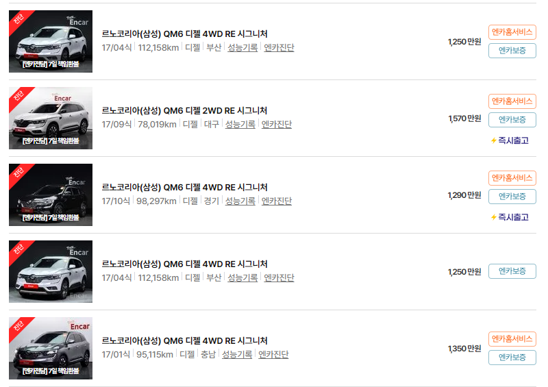 르노코리아 qm6 중고차 가격 시세표 24년10월