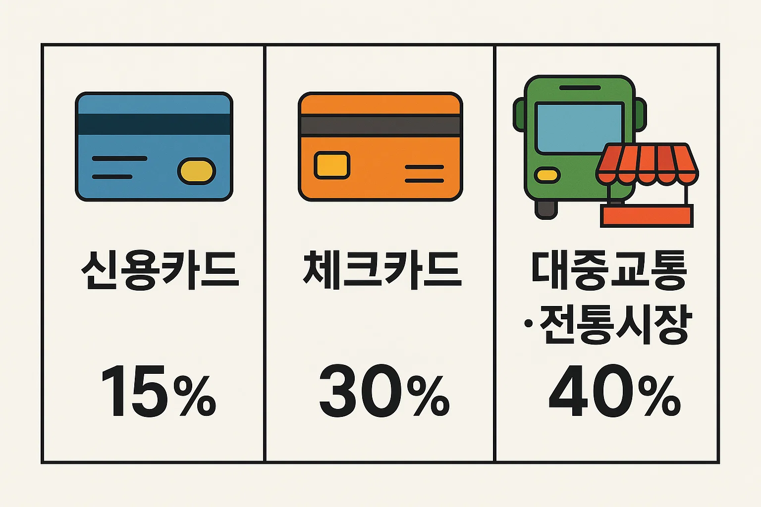 연말정산 신용카드공제 계산법 기준으로 신용카드 15퍼센트 체크카드 30퍼센트 대중교통과 전통시장 40퍼센트 공제율 차이를 비교해 환급 전략에 도움을 주는 이미지입니다