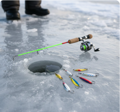 산천어 얼음 낚시에 사용되는 낚싯대와 미끼(루어) 상세 이미지