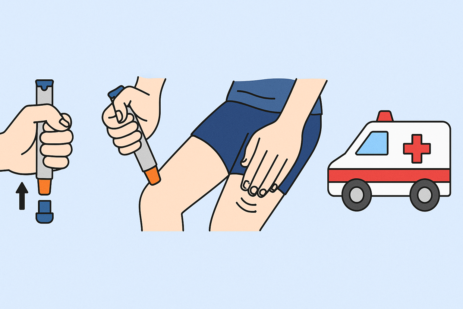 에피펜 사용 방법을 안전마개 제거, 허벅지 주사, 부위 마사지, 응급이송 순서