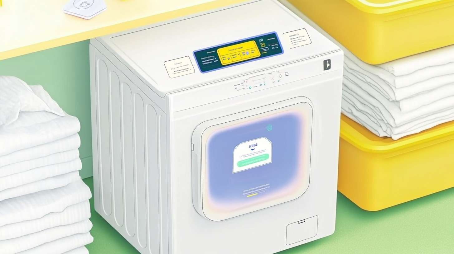 깨끗하게 정돈된 빨래를 배경으로 한 삼성 세탁기의 직관적인 디지털 인터페이스 근접 촬영, 스마트 설정 및 AI 기능이 표시됨.
