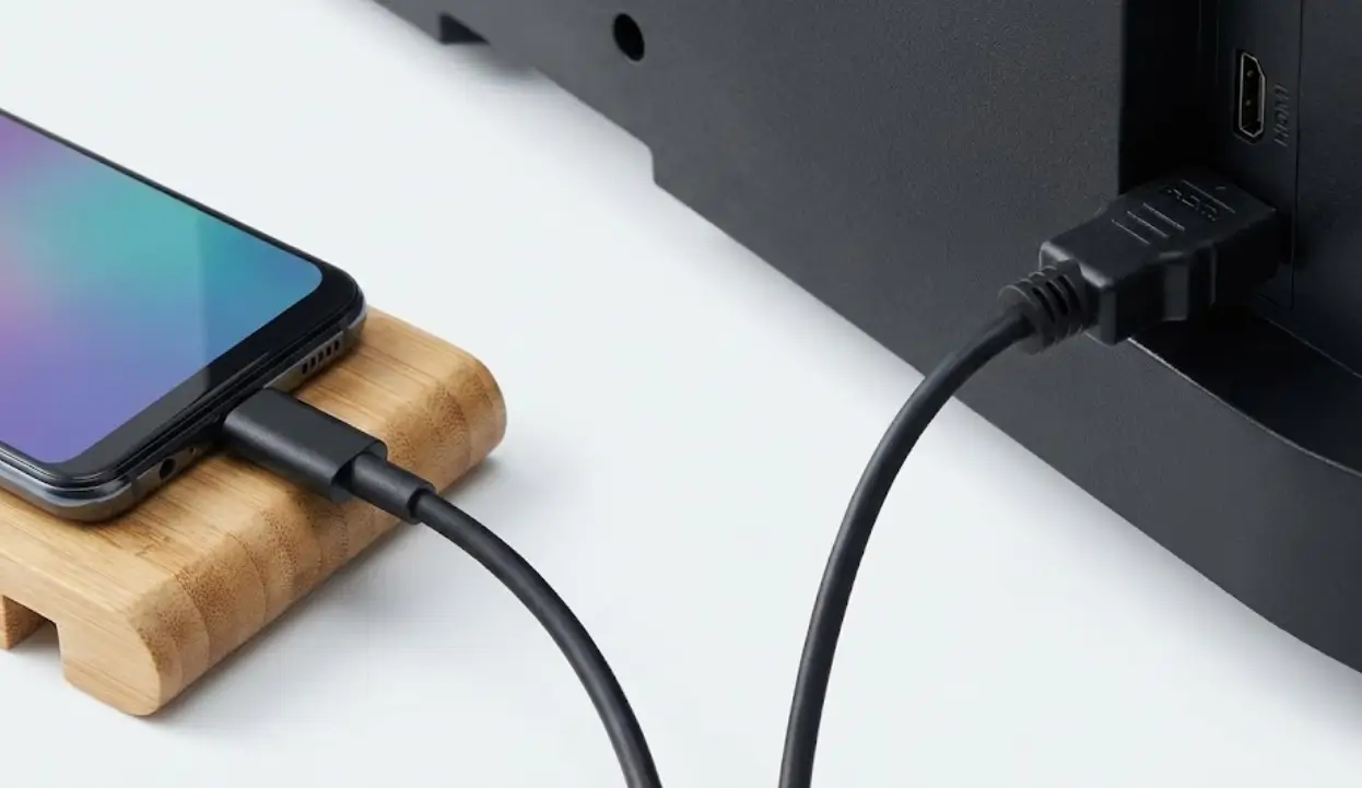HDMI to C 케이블을 이용하여 스마트폰과 TV 뒷면의 HDMI 포트가 물리적으로 연결된 상세 모습