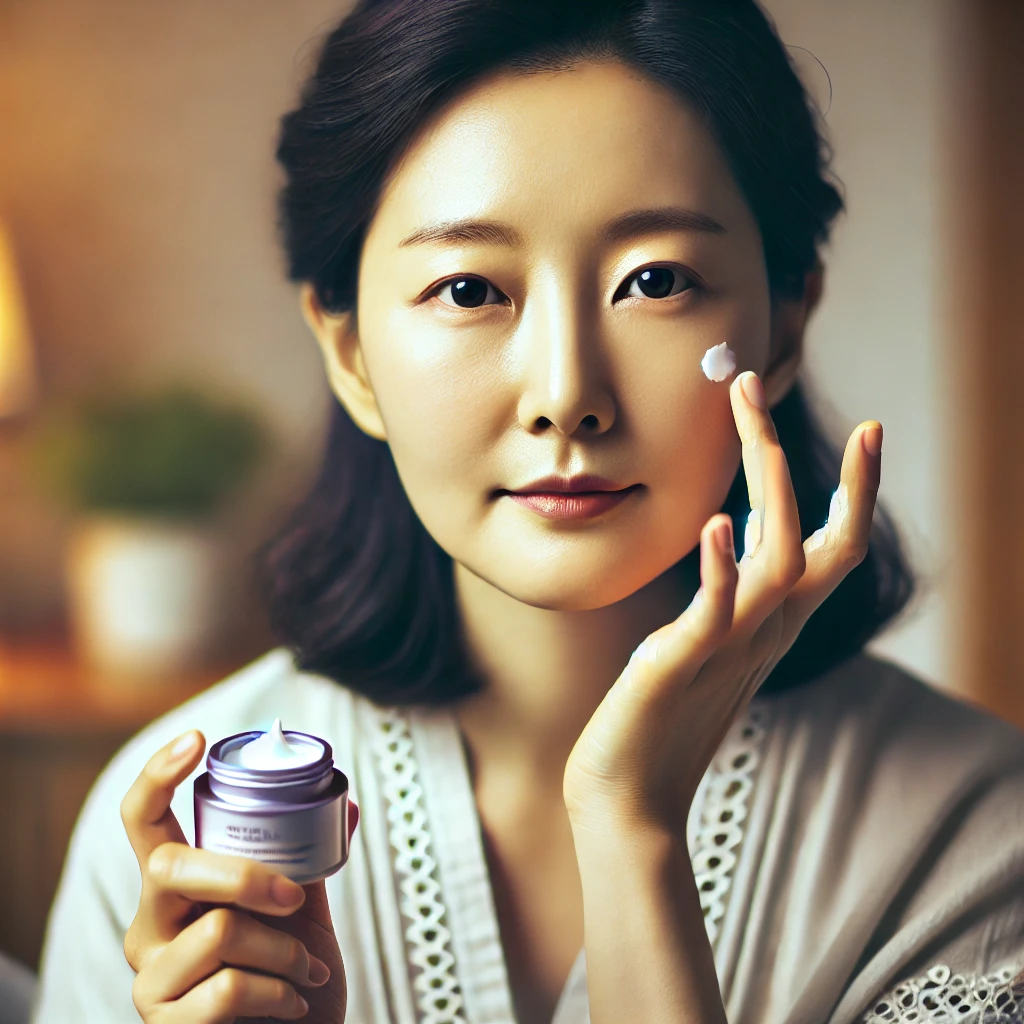 리쥬란 시술 후 피부 관리를 위해 보습 크림을 바르는 한국인 여성의 모습