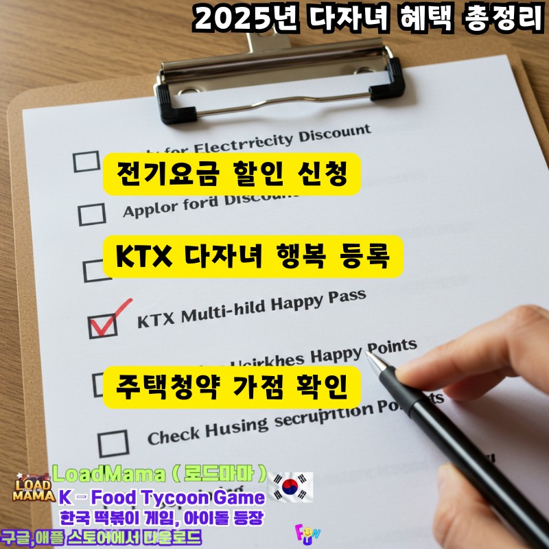 2025년 다자녀 혜택 총정리, 전기요금, KTX, 주택청약 할인등