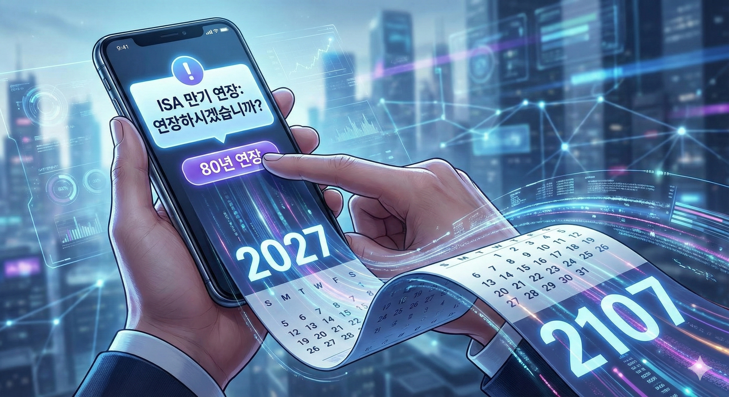 스마트폰 화면에 ‘ISA Maturity Extension’ 알림 메시지가 뜨고 손가락이 ‘EXTEND TO 80 YEARS’ 버튼을 누르는 모습. 2027년 만기 달력이 먼 미래 2107년까지 길게 늘어난 장면을 표현한 디지털 일러스트