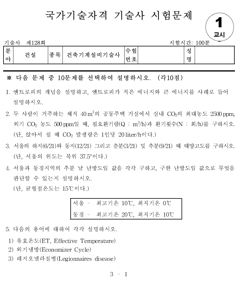건축기계설비기술사 128회 1교시 기출문제