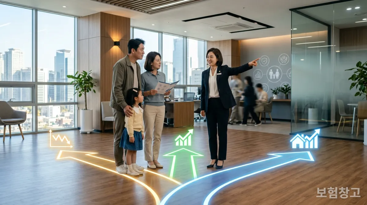 보험 전문가가 한국인 가족에게 여러 보험 선택지를 안내하는 모습