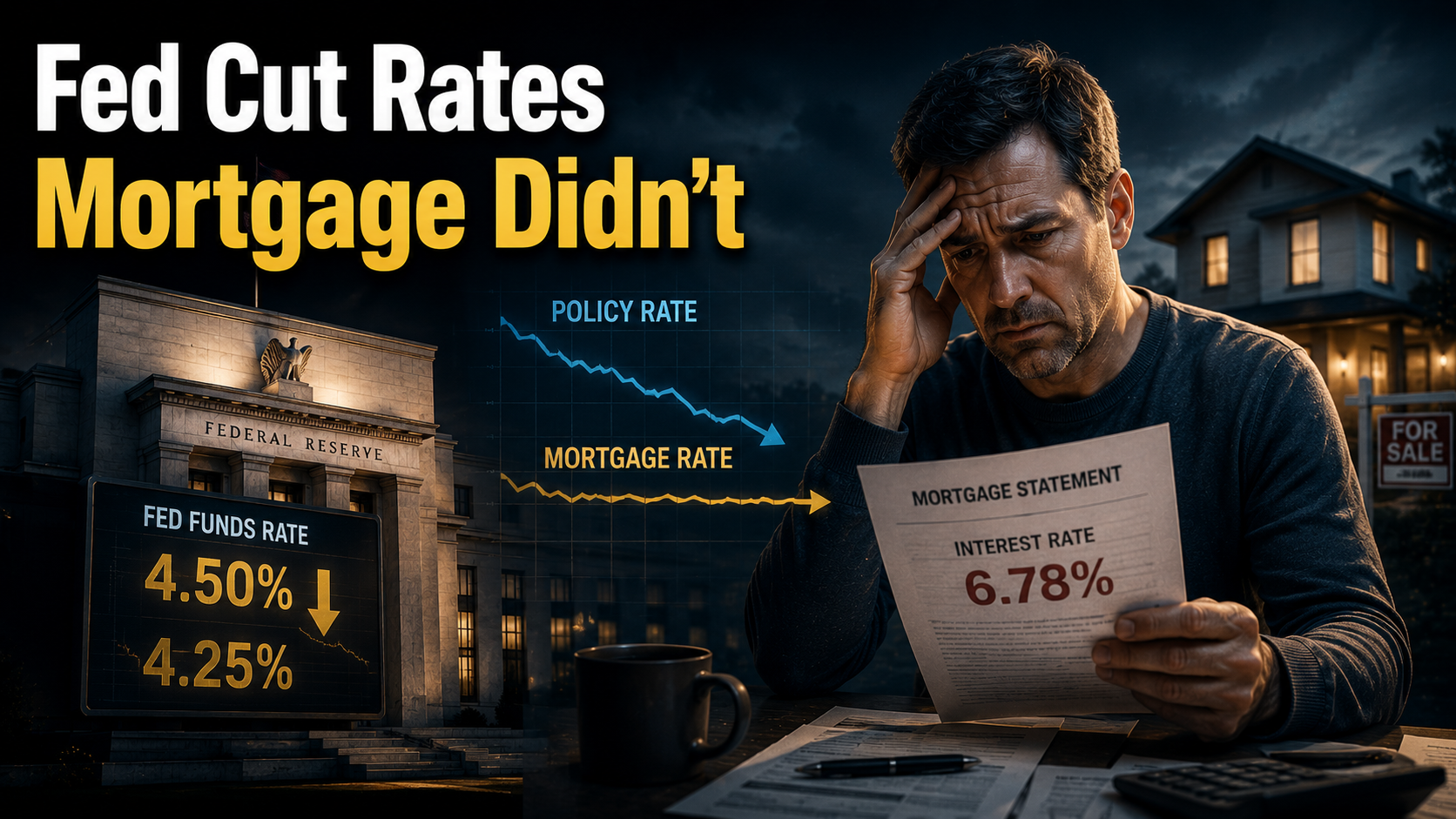 Homeowner worried about an unchanged mortgage rate after a Federal Reserve interest rate cut, cinematic financial illustration.