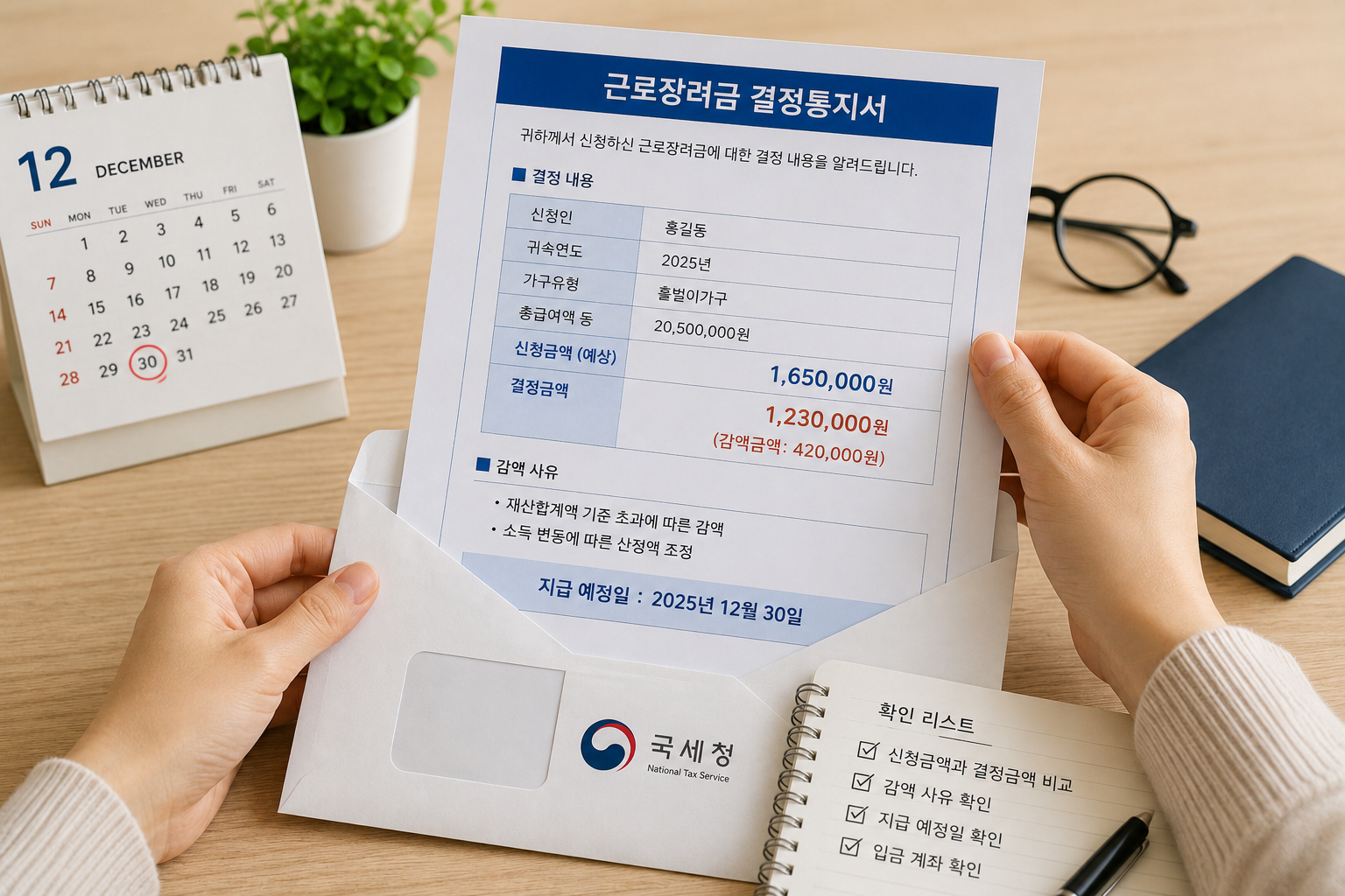우편으로 받은 장려금 결정통지서를 개봉하는 장면