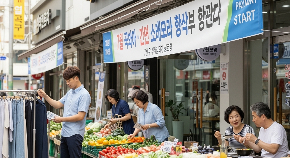 “7월 지급 개시”라는 달력 날짜 강조 장면