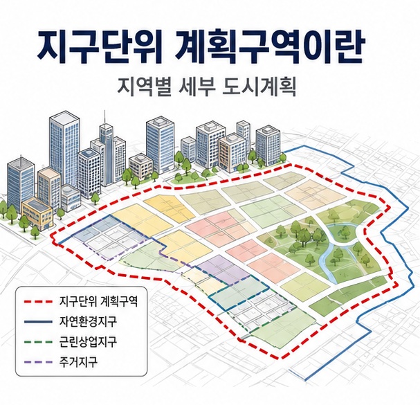 도시 건물과 토지 도면, 구역 경계선을 배치해 지구단위 계획구역이란 특정 지역에 세부 도시계획을 적용하는 구역이라는 점을 표현한 대표 이미지