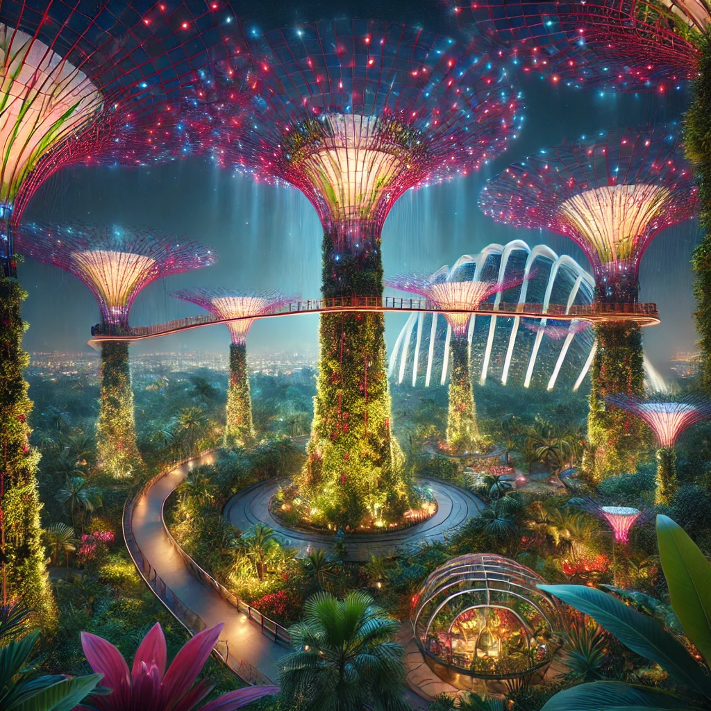 슈퍼트리 그로브의 야경, 플라워돔과 클라우드 포레스트 내부, 다양한 식물과 조명이 어우러진 이미지