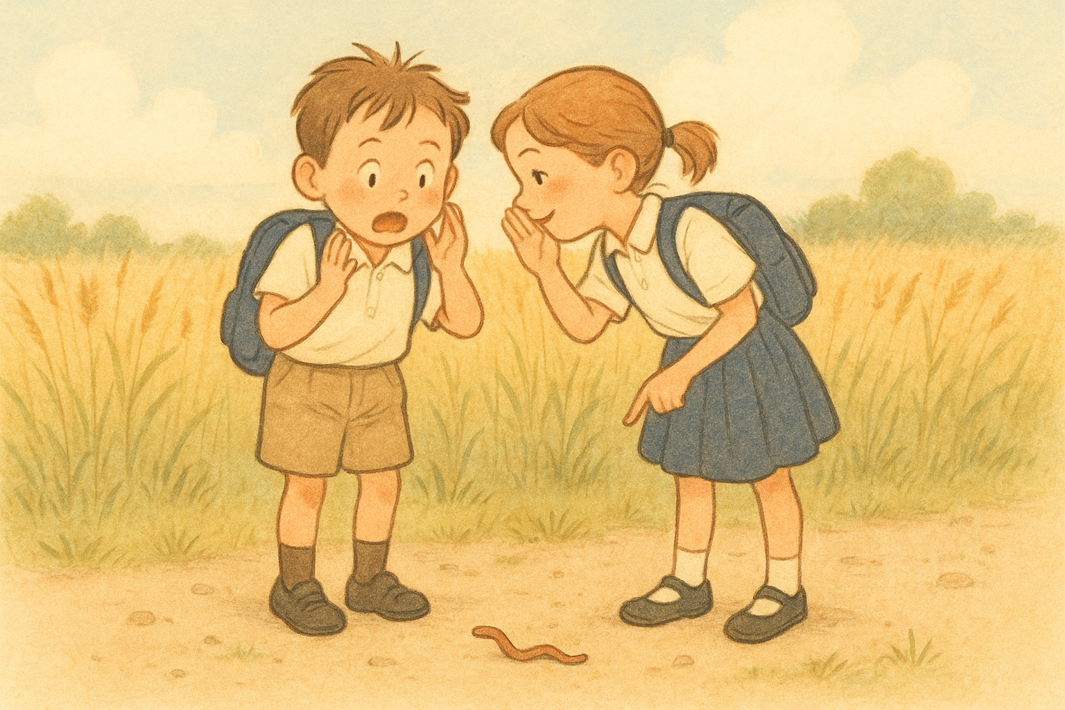 어린 학생들이 지렁이에 대해서 이야기하는 모습