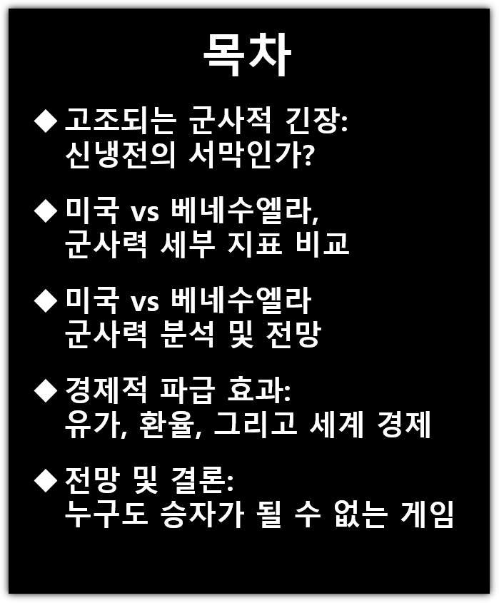 미국, 베네수엘라 전쟁 가능성, 군사력 비교, 유가, 환율, 경제 영향, 관련주, 수혜주, 전망 목차