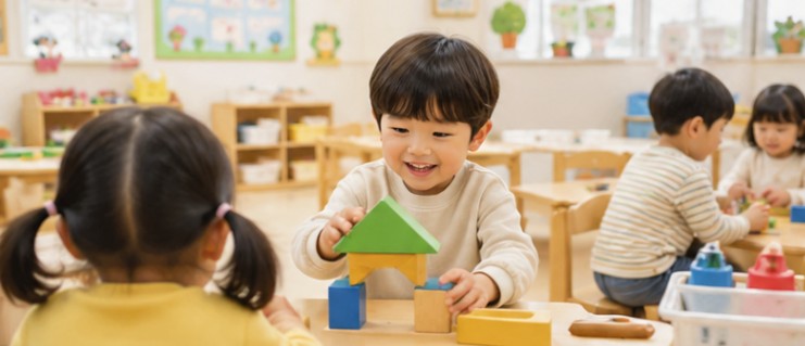 친구들과 어린이집 안에서 편안한 분위기를 느끼며 블럭쌓기 놀이를 하고 있는 아이들의 모습