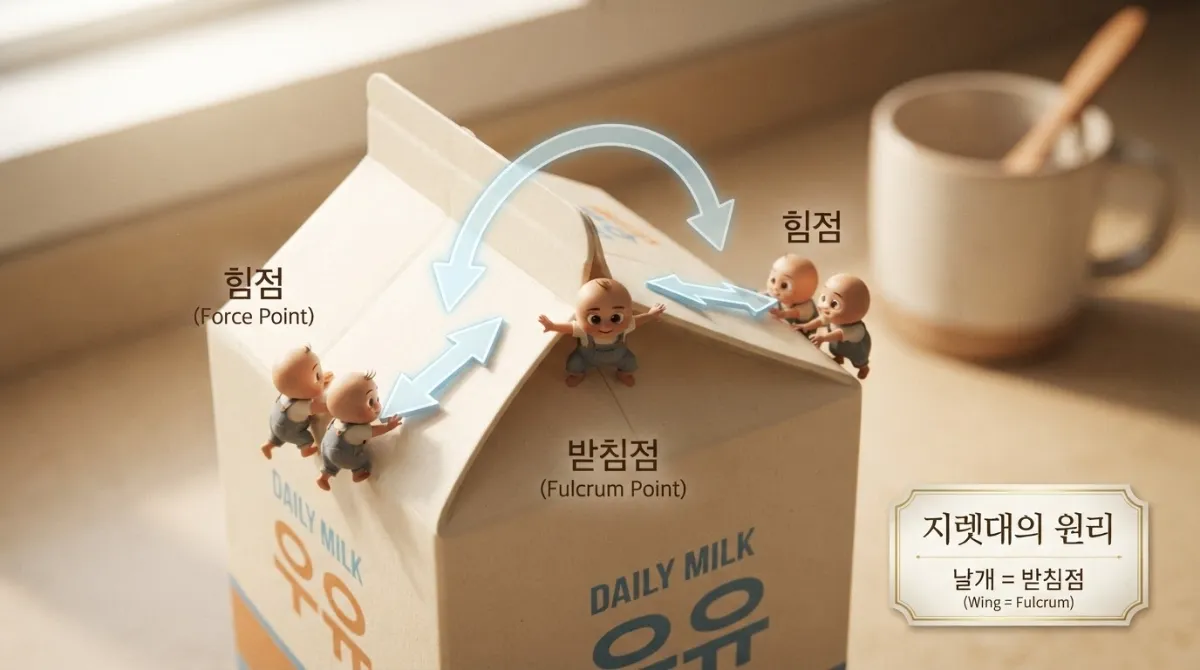 우유팩 주입구 양옆의 삼각형 날개가 펼쳐지는 순간 지렛대의 원리를 시각적으로 표현한 3D 인포그래픽 다이어그램. 작은 미니미 캐릭터들이 양쪽 날개를 밀어내는 힘의 방향과 받침점을 직접 시연하는 모습