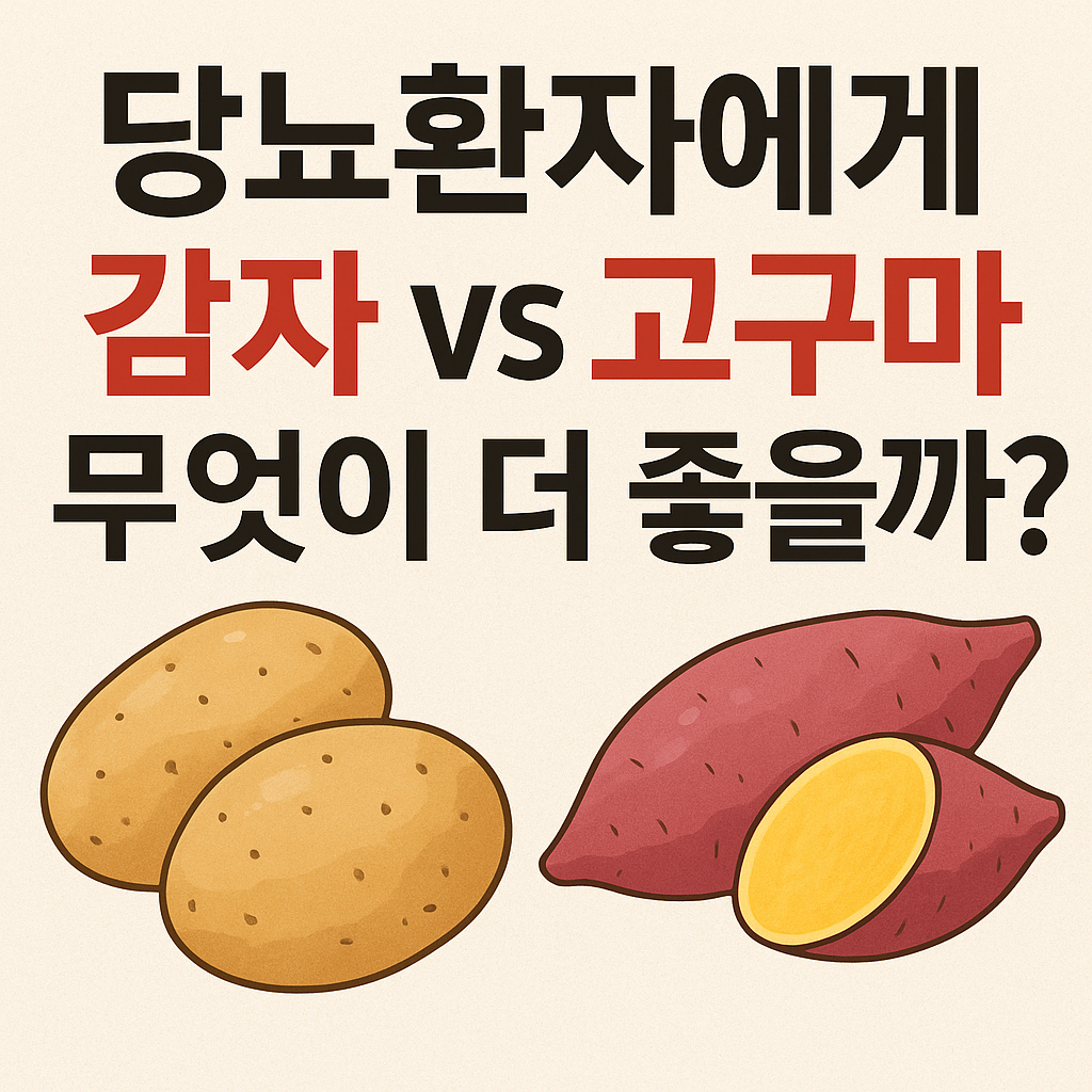 감자와 고구마 그림을 양쪽에 배치하고, 중앙에는 ‘당뇨환자에게 감자 vs 고구마 무엇이 더 좋을까?’라는 굵은 한글 텍스트가 강조된 비교형 디자인 썸네일 이미지
