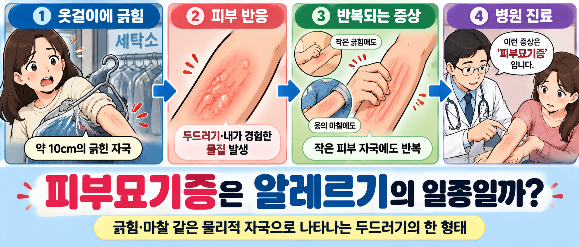 쇠 옷걸이에 팔을 긁힌 뒤 두드러기와 물집을 경험하고 병원에서 피부묘기증 설명을 들은 과정을 나타낸 인포그래픽