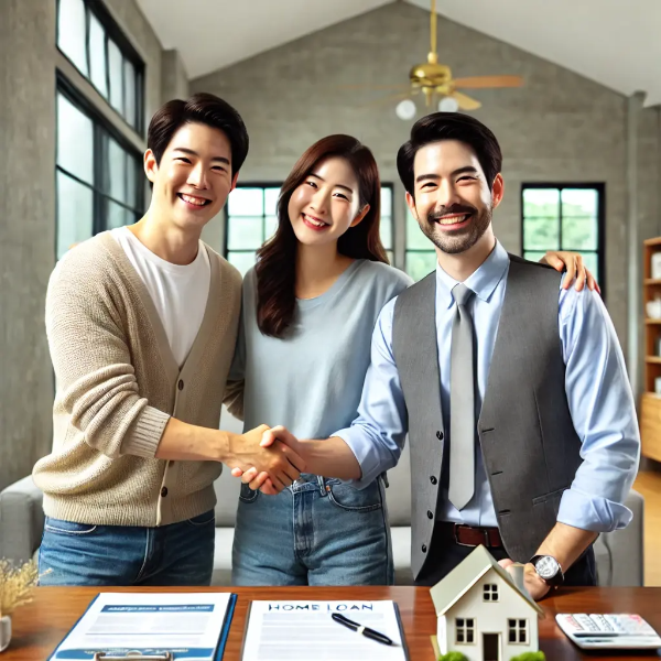 대출 승인을 받은 한국인 부부가 금융 전문가와 악수하는 장면, 주택담보대출 확대와 내 집 마련 지원 컨셉