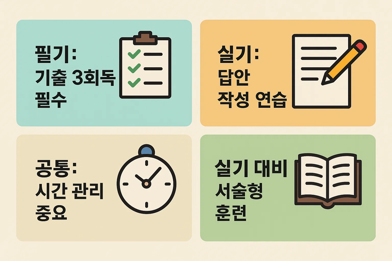 필기&middot;실기 공통 대비 요령, 답안 작성 연습, 시간 관리, 서술형 훈련 등 합격을 위한 핵심 우선순위를 정리한 인포그래픽