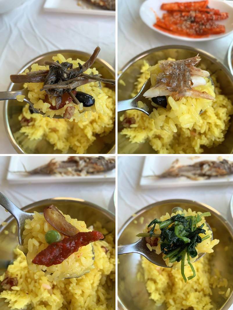 각종 반찬들이 올라가있는 치자밥