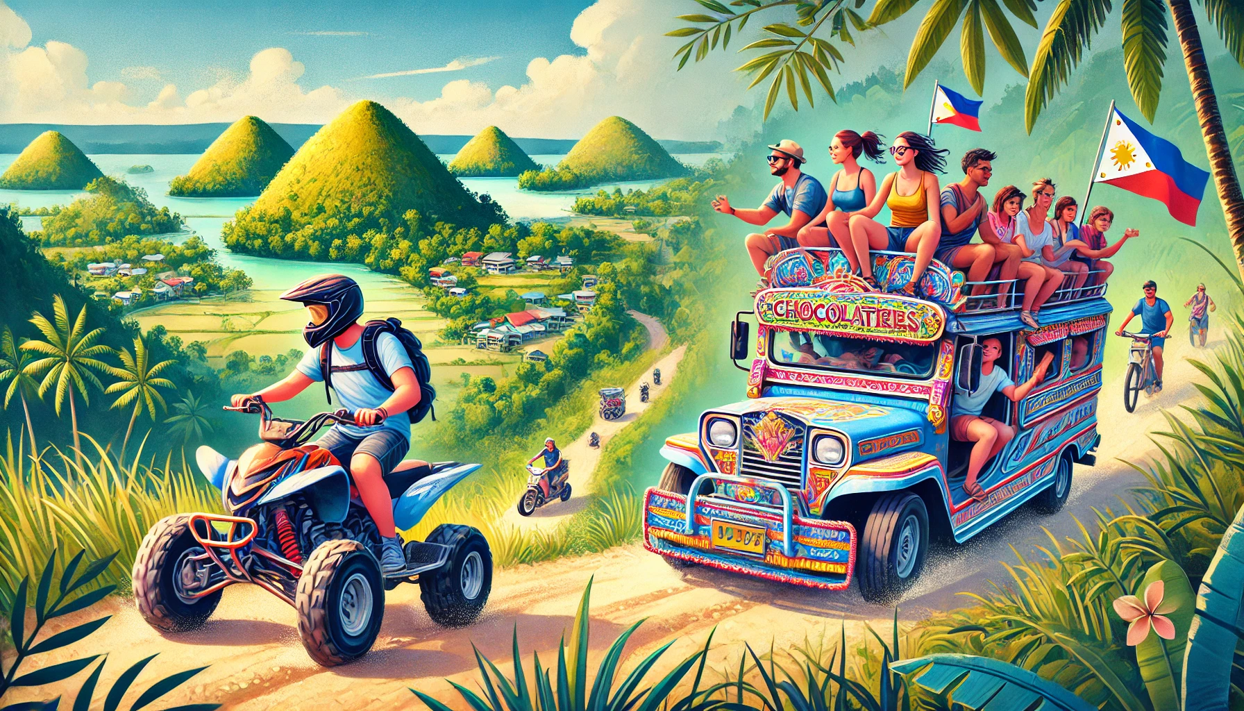 초콜릿 힐을 배경으로 ATV를 타는 모습과 지프니를 타고 여행하는 모습