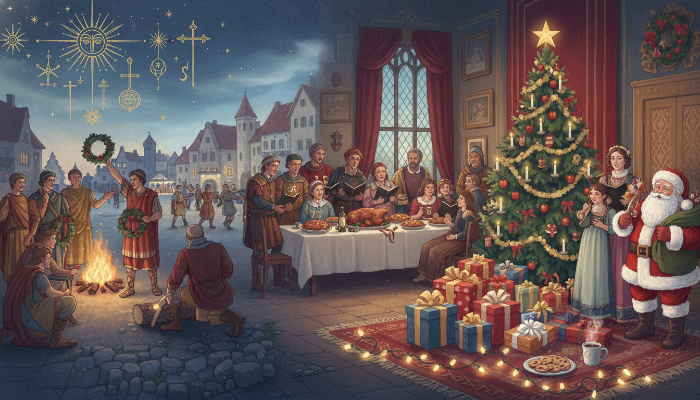 고대 로마부터 현대까지 크리스마스 역사를 담은 따뜻하고 풍성한 일러스트: 사투르날리아, 중세 축제, 빅토리아 시대 트리, 초기 산타클로스, 현대의 선물과 불빛이 조화롭게 어우러진 장면