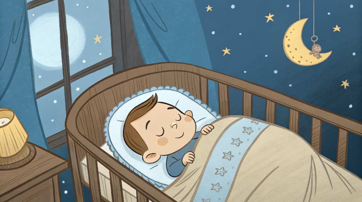 침대에서 자고 있는 아기