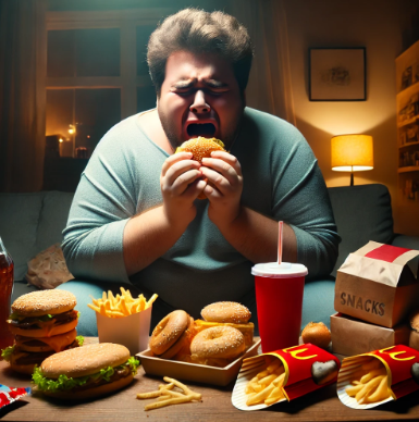 스트레스 받아 폭식하고 있는 비만의 남자 사진