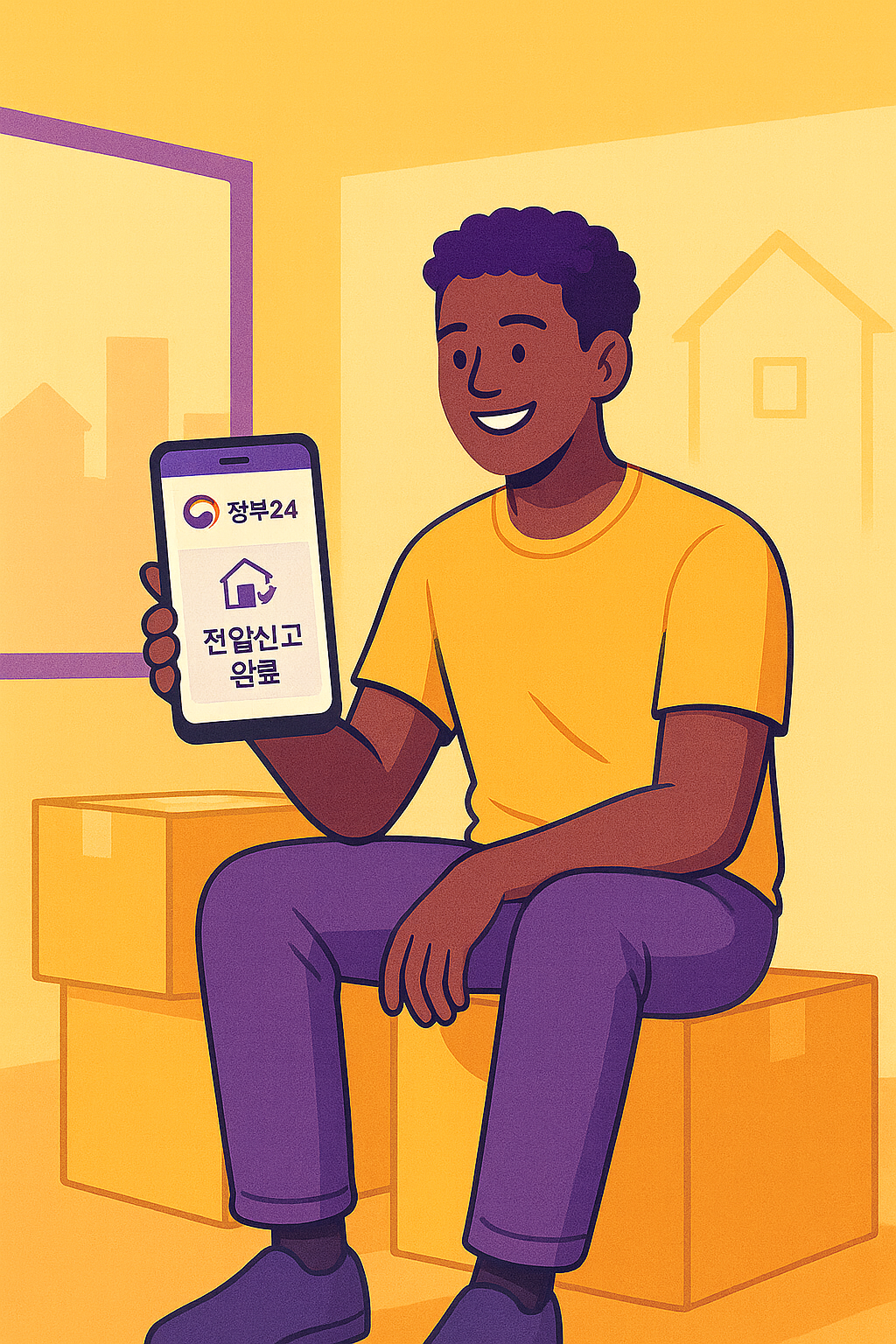 정부24 온라인 전입신고를 스마트폰으로 간편하게 처리하며 미소 짓는 사람, 이사 후 새로운 시작의 편리함을 나타냄.