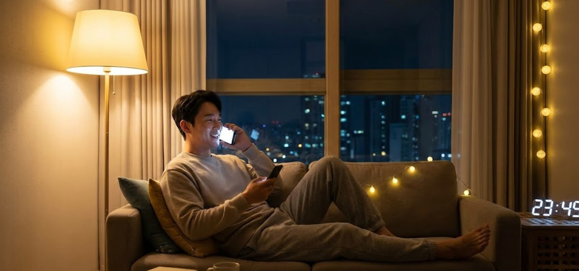 남성이 밤늦게 거실에서 편안하게 126 국세청 상담 전화와 대화하는 모습]