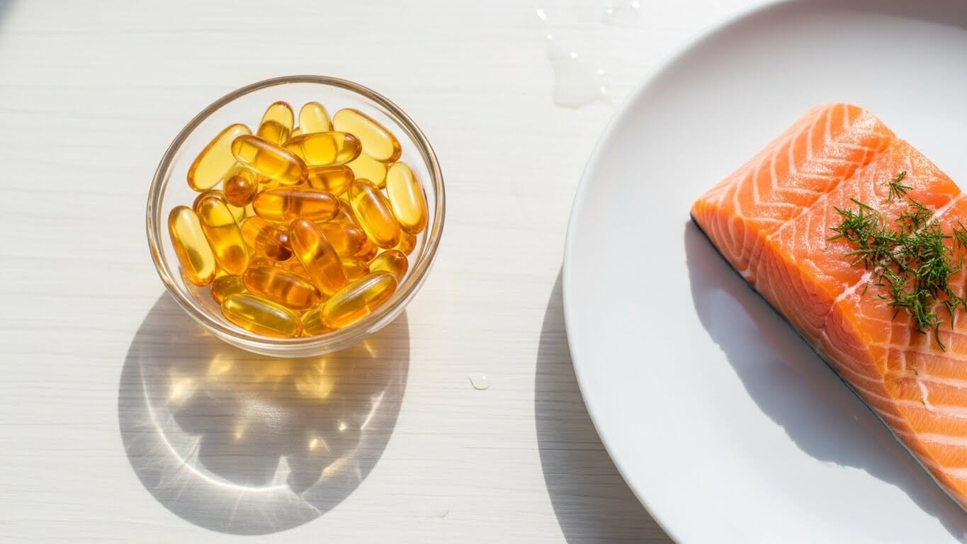 오메가3 영양제와 연어로 표현한 오메가3 효능 이미지