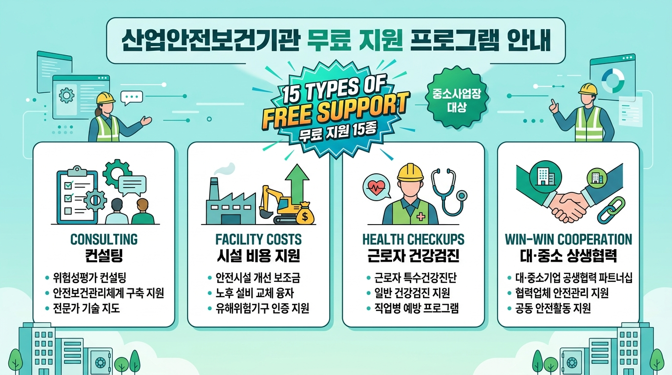 안전보건공단 무료 지원사업 15가지 &mdash; 소규모 사업장 컨설팅&middot;시설비용&middot;건강진단 3분 정리 인포그래픽