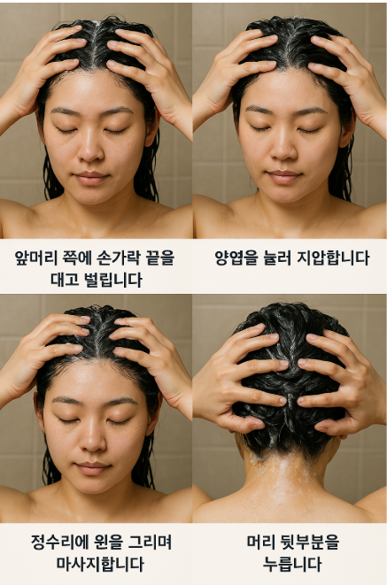 효과적인 두피 마사지 방법을 보여주는 단계별 이미지