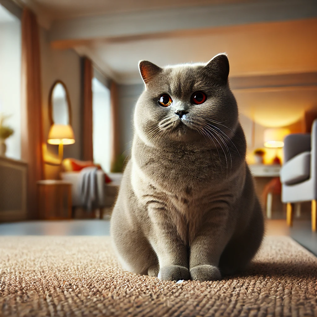 짙은 회색의 풍성하고 밀도 높은 털과 구리빛 눈을 가진 브리티시 쇼트헤어 고양이가 따뜻한 실내 카펫 위에 앉아 있는 모습.