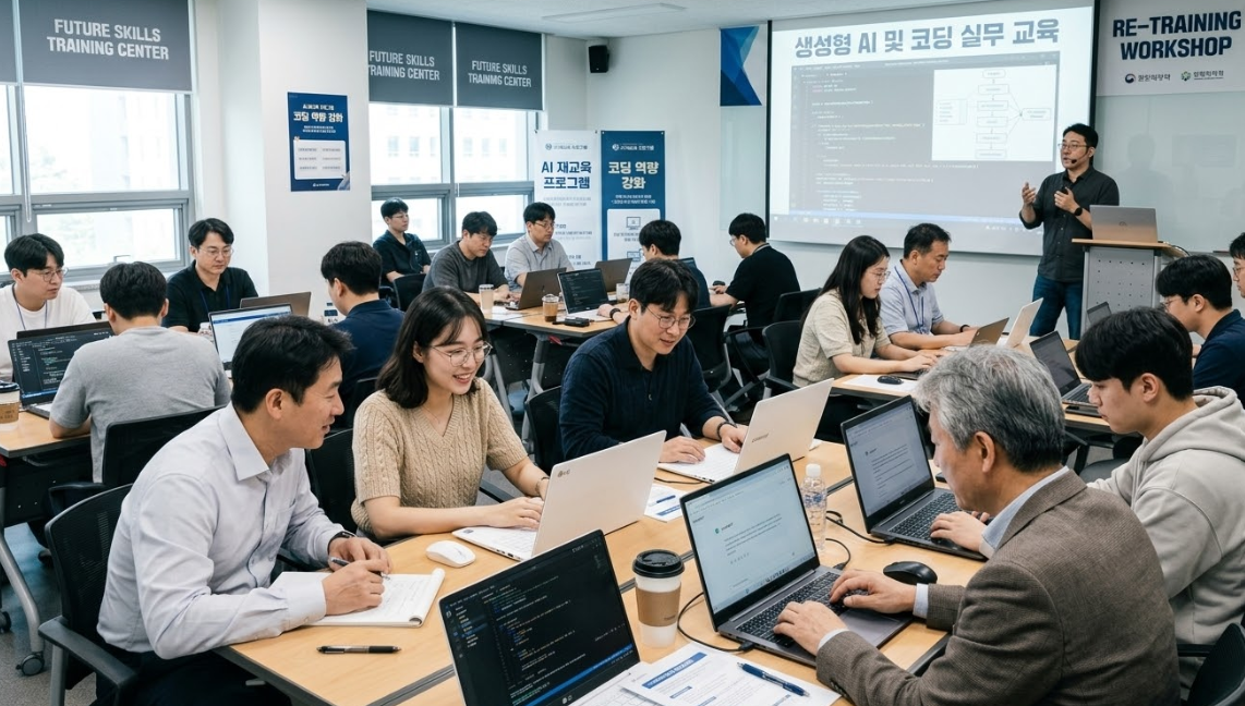 미래 첨단 기술 직무 트렌드에 맞춰 리스킬링(Reskilling) 교육에 참여하는 재직자들