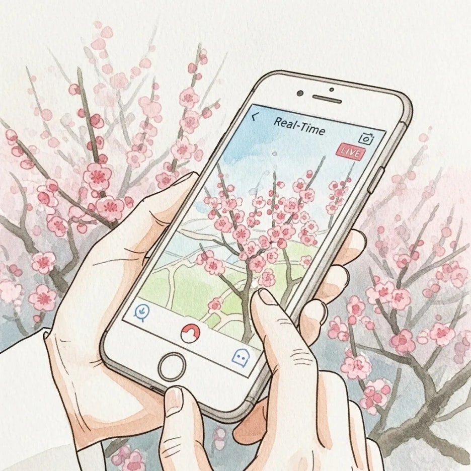 스마트폰으로 매화 개화 상황 확인 중인 모습